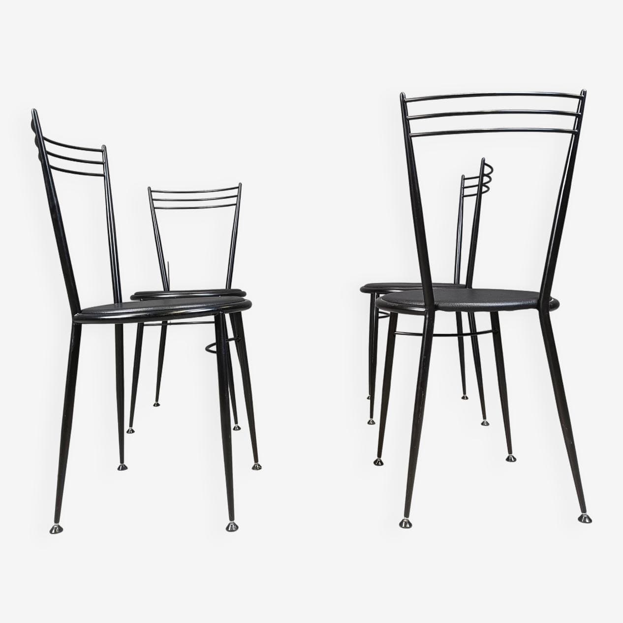 Set of dining chairs, black metal, black vegan leather, Italy, 1980s. - 263956
