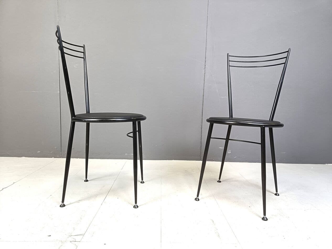 Set of dining chairs, black metal, black vegan leather, Italy, 1980s. - 263964
