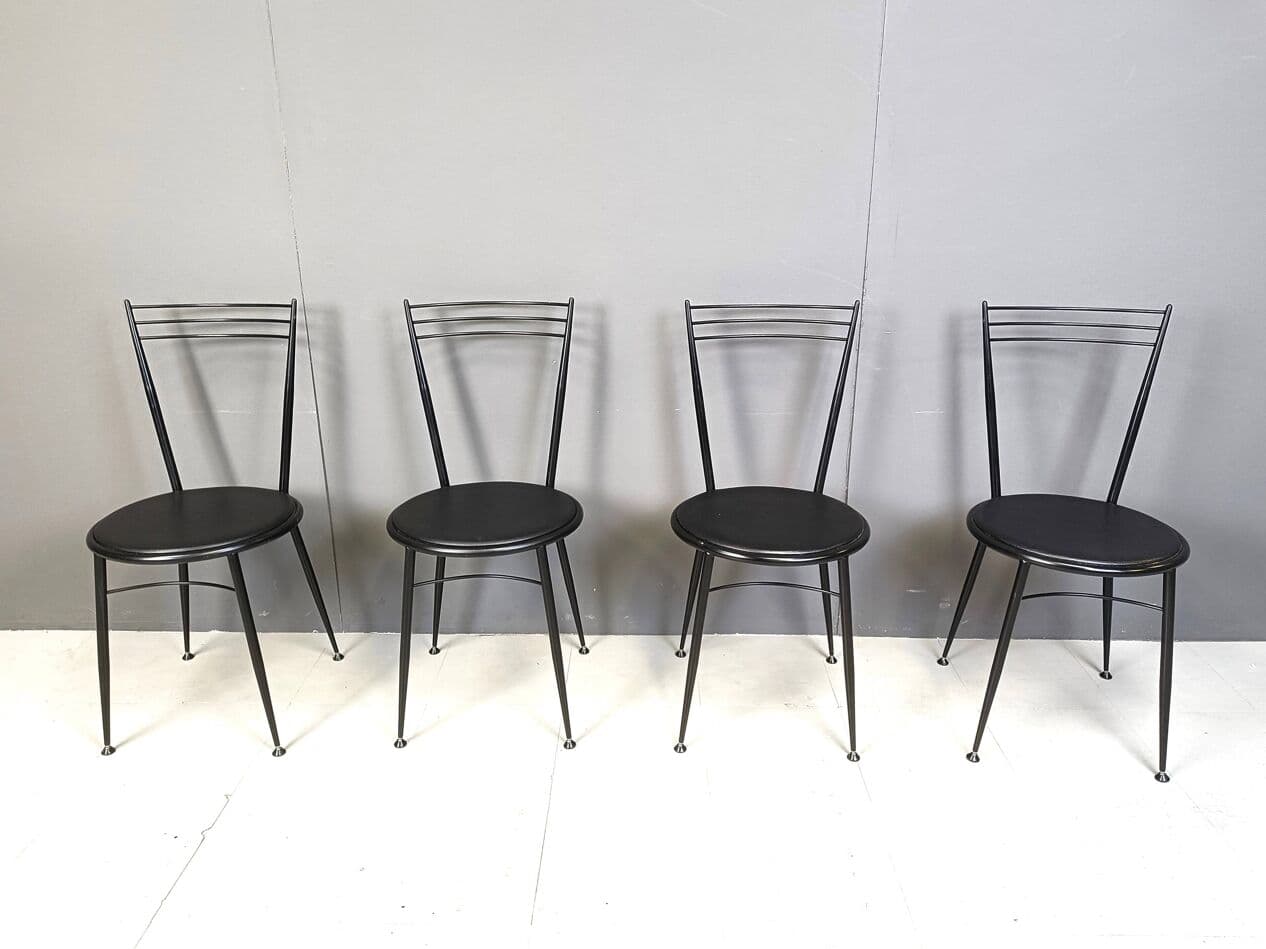 Set of dining chairs, black metal, black vegan leather, Italy, 1980s. - 263954