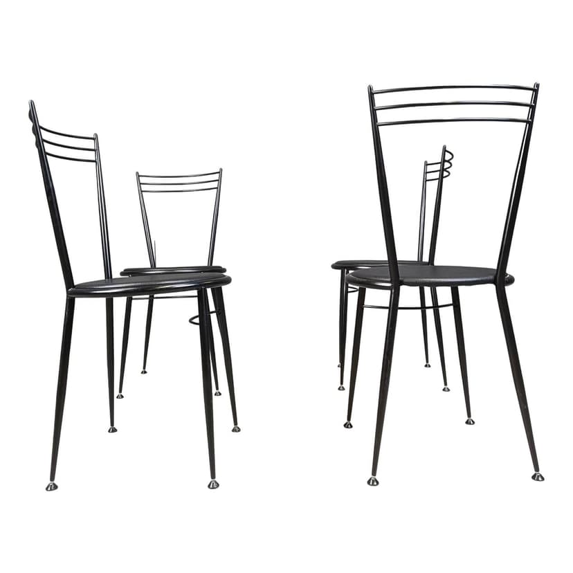 Set of dining chairs, black metal, black vegan leather, Italy, 1980s.