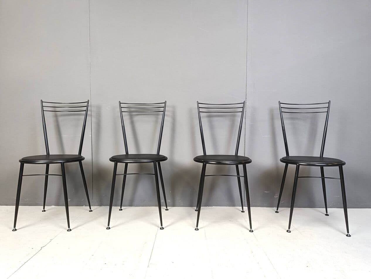 Set of dining chairs, black metal, black vegan leather, Italy, 1980s. - 263957