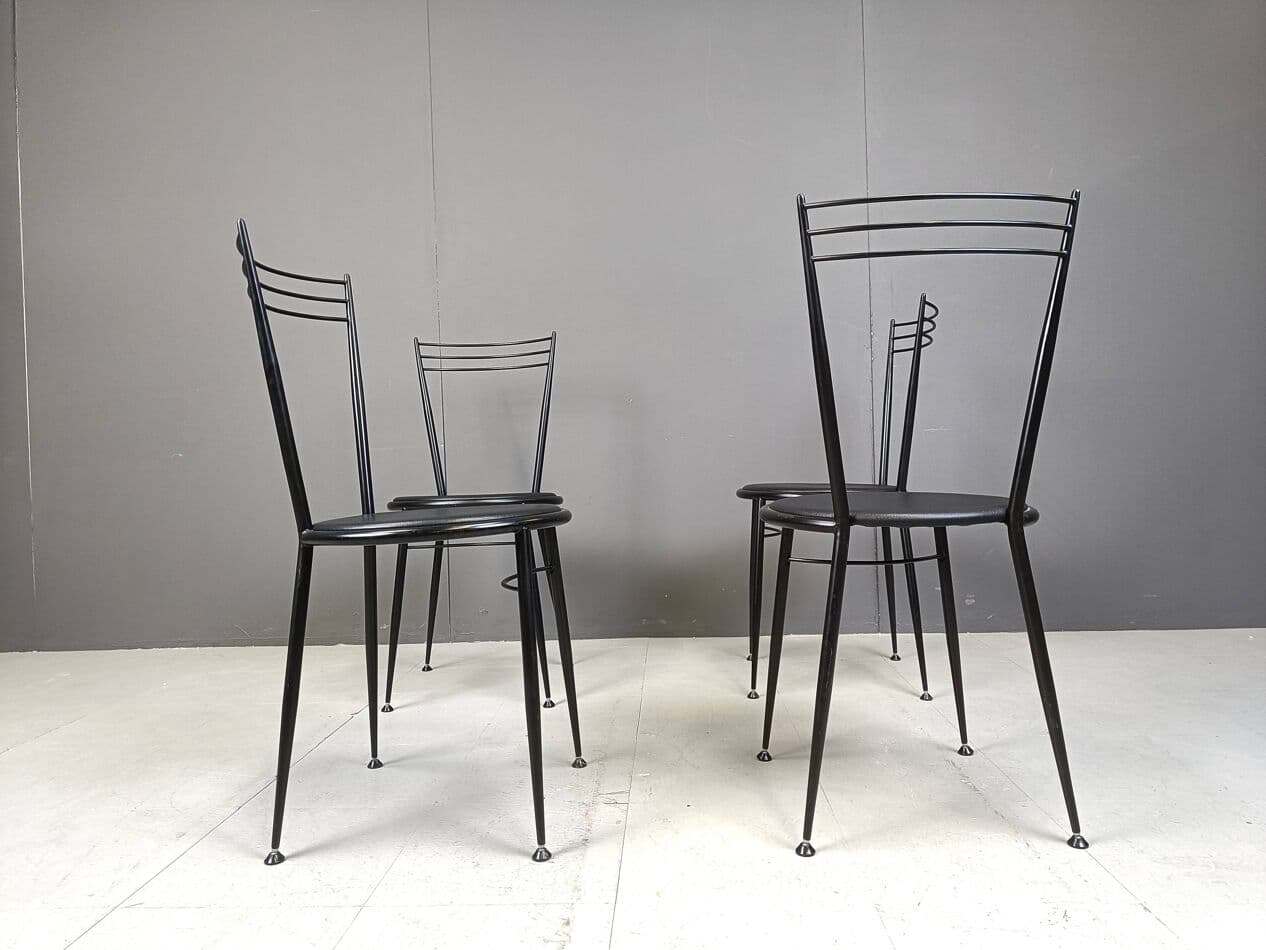 Set of dining chairs, black metal, black vegan leather, Italy, 1980s. - 263955