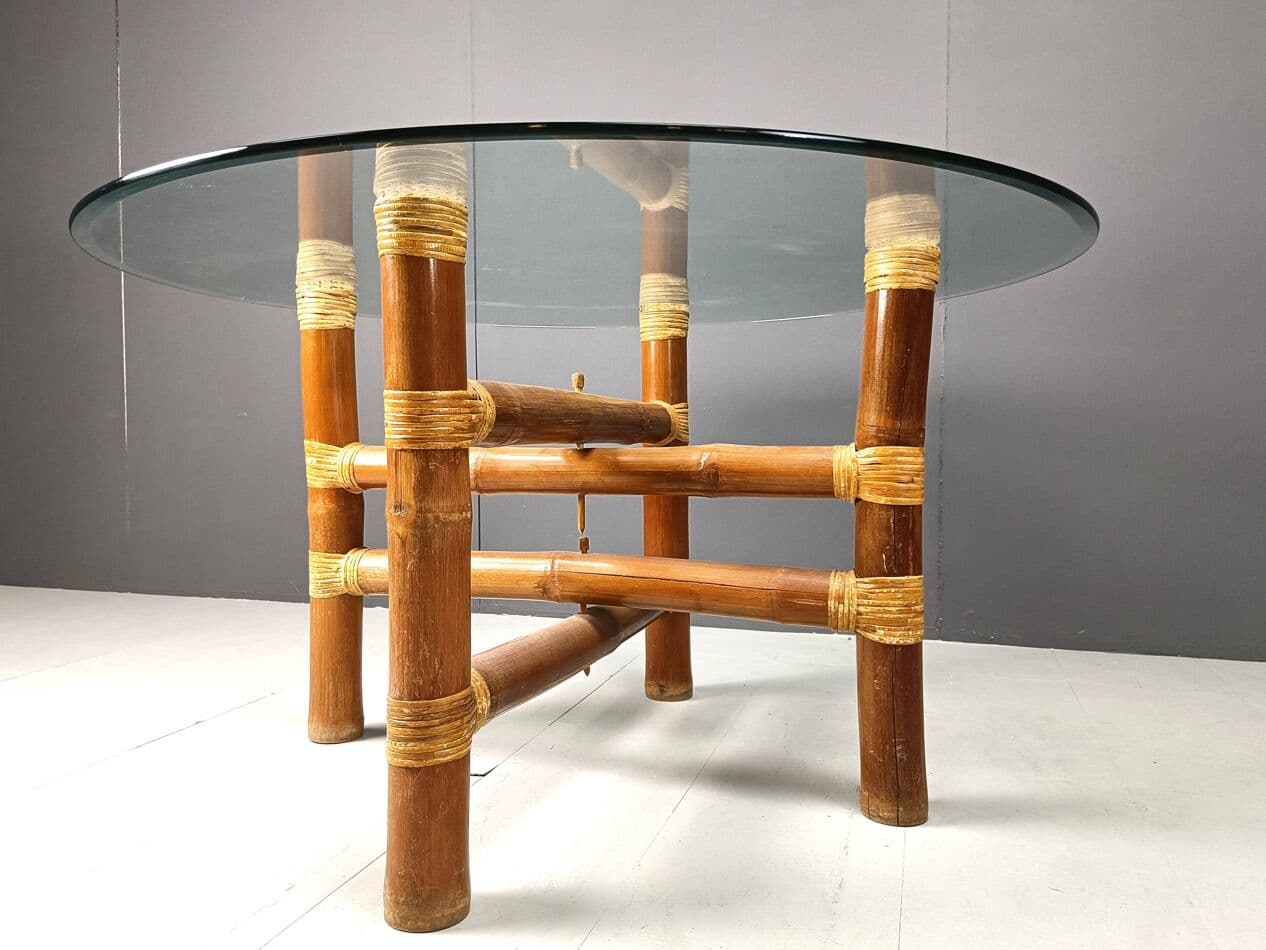 Stół jadalniany okrągły, bambus beżowy, Francja, lata 70. - 263908