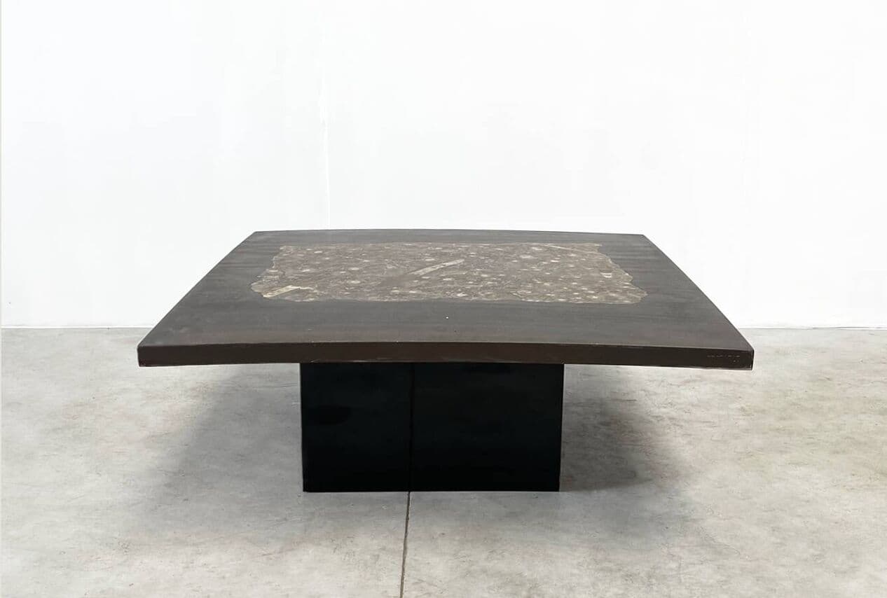 Coffee table, graphite, stone, wood, by E. Allemeersch, Belgium, 1970s. - 263872