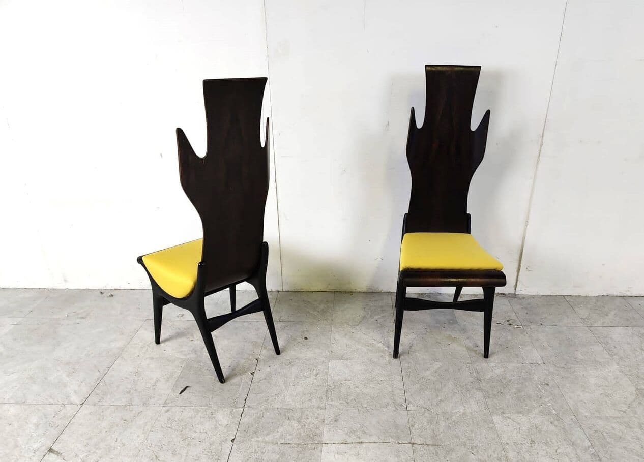 Set of Four Chairs Flame, brown rosewood, mustard fabric, by D. Latorre, Pozzi i Verga, Italy, 1950s. - 263827