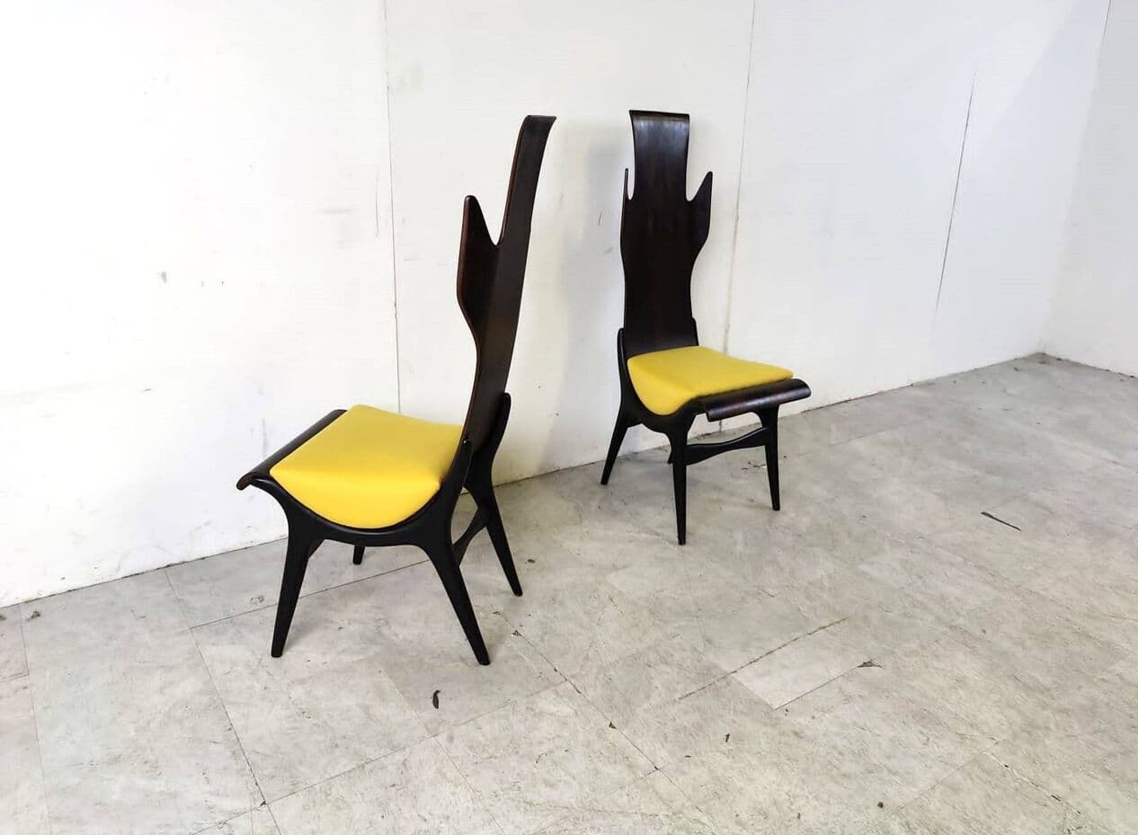 Set of Four Chairs Flame, brown rosewood, mustard fabric, by D. Latorre, Pozzi i Verga, Italy, 1950s. - 263826