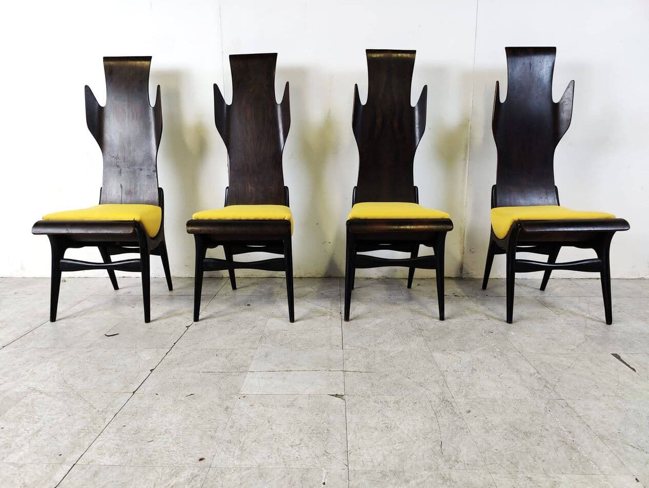 Set of Four Chairs Flame, brown rosewood, mustard fabric, by D. Latorre, Pozzi i Verga, Italy, 1950s. - 263823