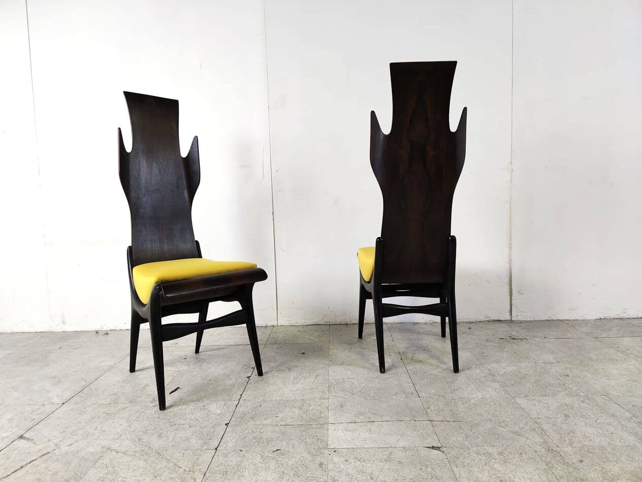 Set of Four Chairs Flame, brown rosewood, mustard fabric, by D. Latorre, Pozzi i Verga, Italy, 1950s. - 263825