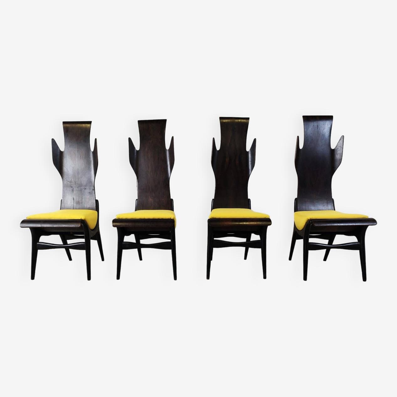 Set of Four Chairs Flame, brown rosewood, mustard fabric, by D. Latorre, Pozzi i Verga, Italy, 1950s. - 263824