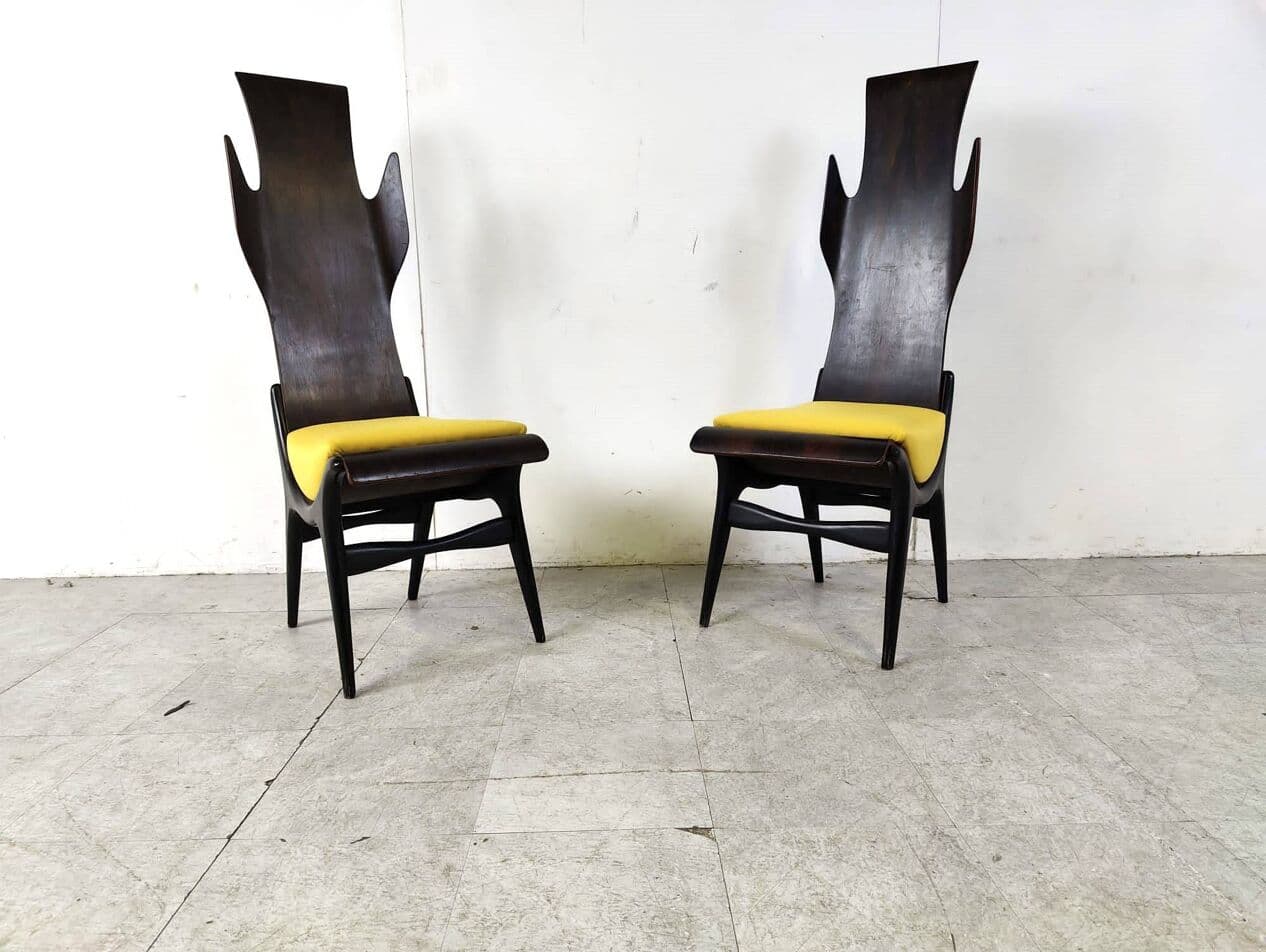 Set of Four Chairs Flame, brown rosewood, mustard fabric, by D. Latorre, Pozzi i Verga, Italy, 1950s. - 263828