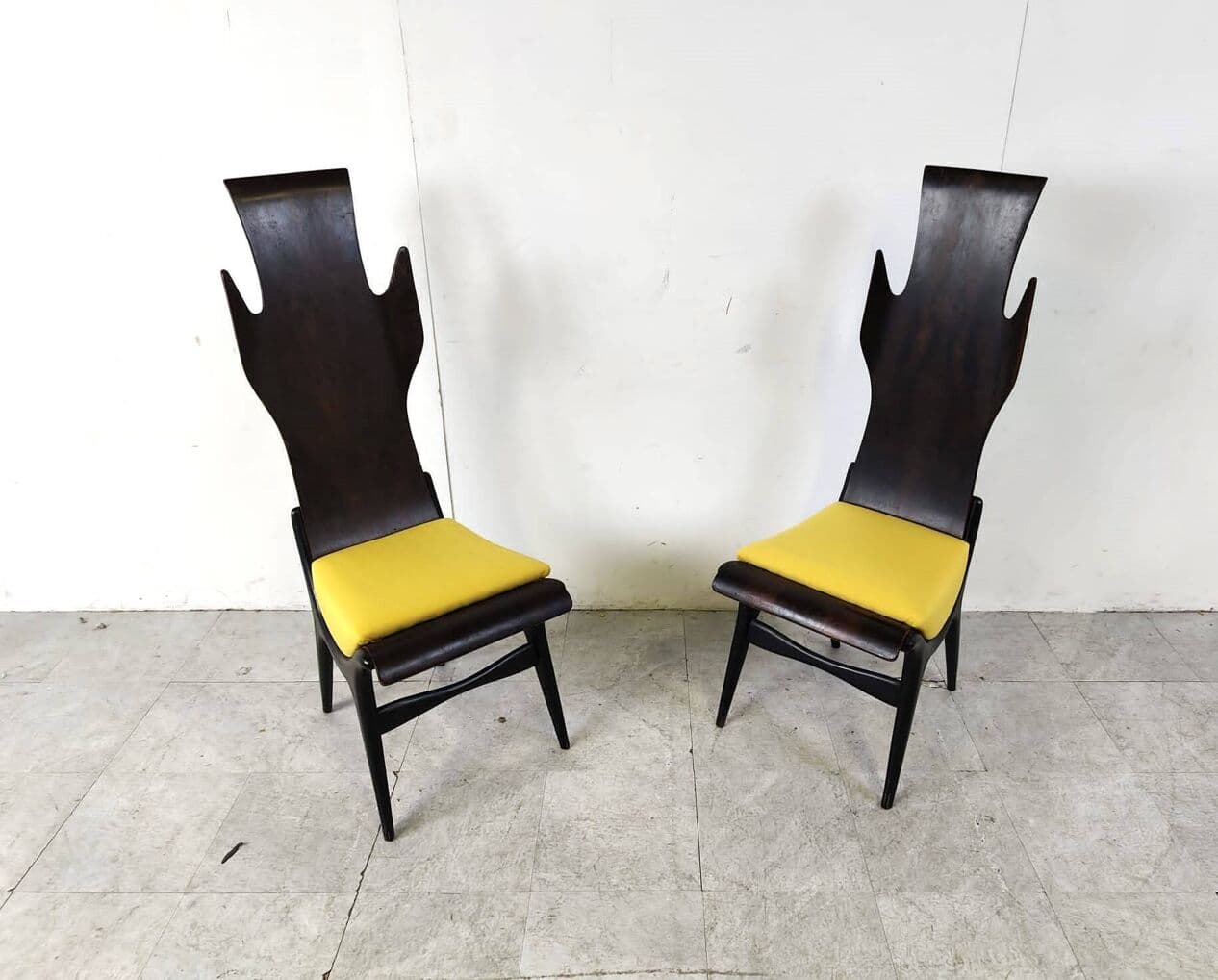 Set of Four Chairs Flame, brown rosewood, mustard fabric, by D. Latorre, Pozzi i Verga, Italy, 1950s. - 263829