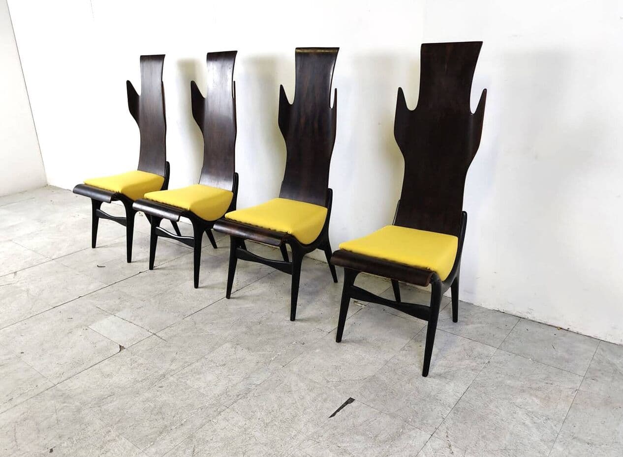 Set of Four Chairs Flame, brown rosewood, mustard fabric, by D. Latorre, Pozzi i Verga, Italy, 1950s. - 263830