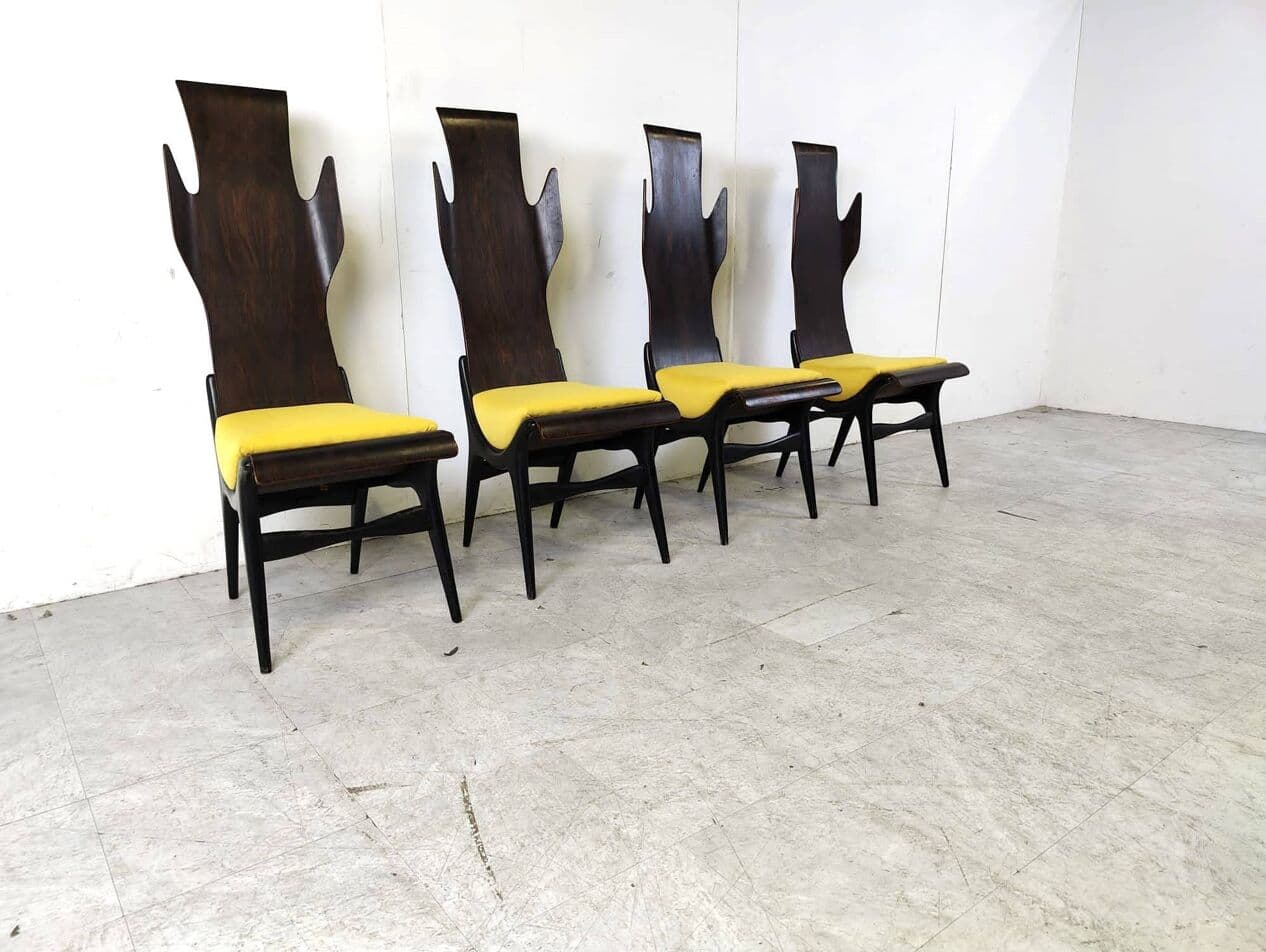 Set of Four Chairs Flame, brown rosewood, mustard fabric, by D. Latorre, Pozzi i Verga, Italy, 1950s. - 263831