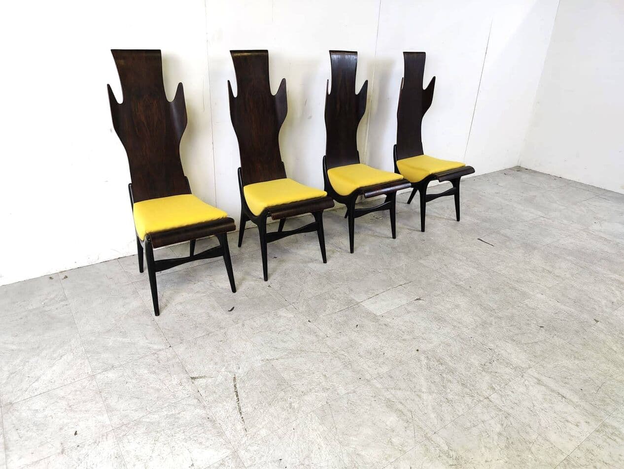 Set of Four Chairs Flame, brown rosewood, mustard fabric, by D. Latorre, Pozzi i Verga, Italy, 1950s. - 263832