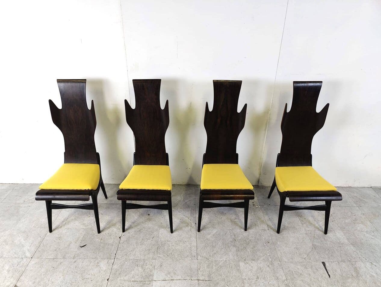 Set of Four Chairs Flame, brown rosewood, mustard fabric, by D. Latorre, Pozzi i Verga, Italy, 1950s. - 263822