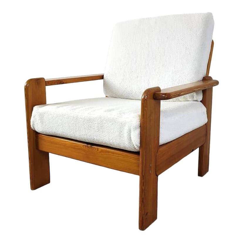 Fotel, sosna brązowy, bouclé biały, Dania, lata 60.