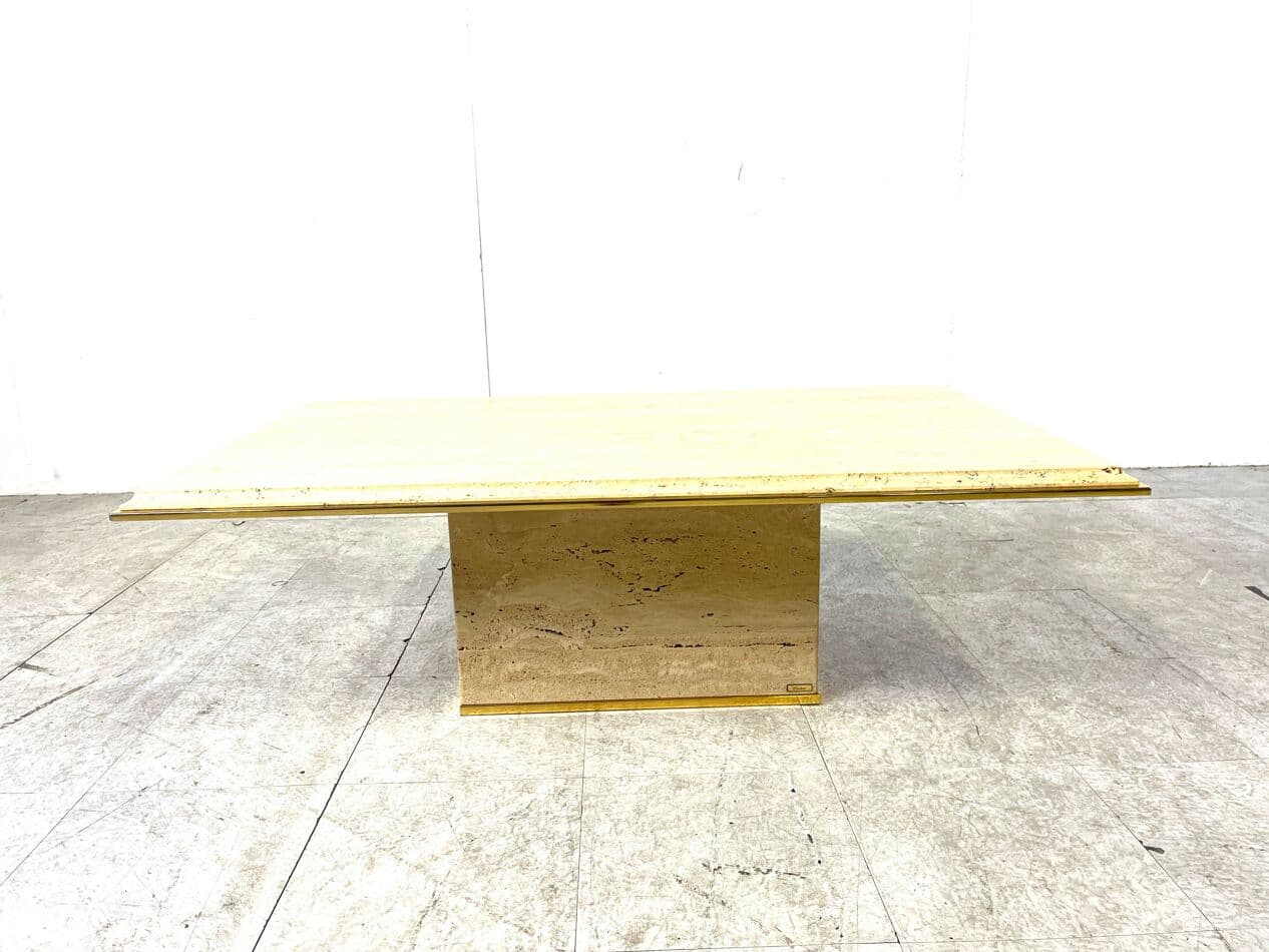 Coffee table, beige travertine, brass, Belgium, 1970s. - 263765