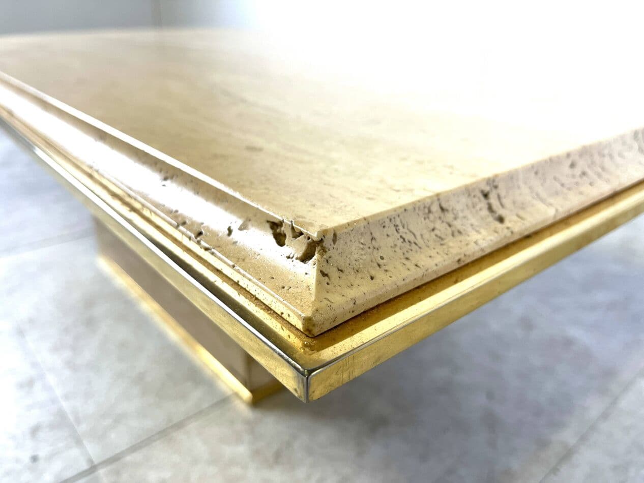 Coffee table, beige travertine, brass, Belgium, 1970s. - 263770