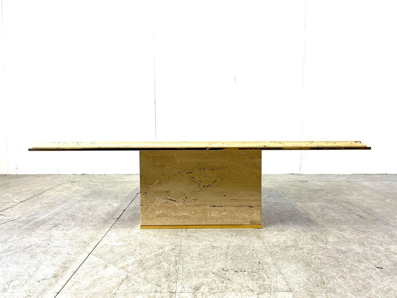 Coffee table, beige travertine, brass, Belgium, 1970s. - 263766