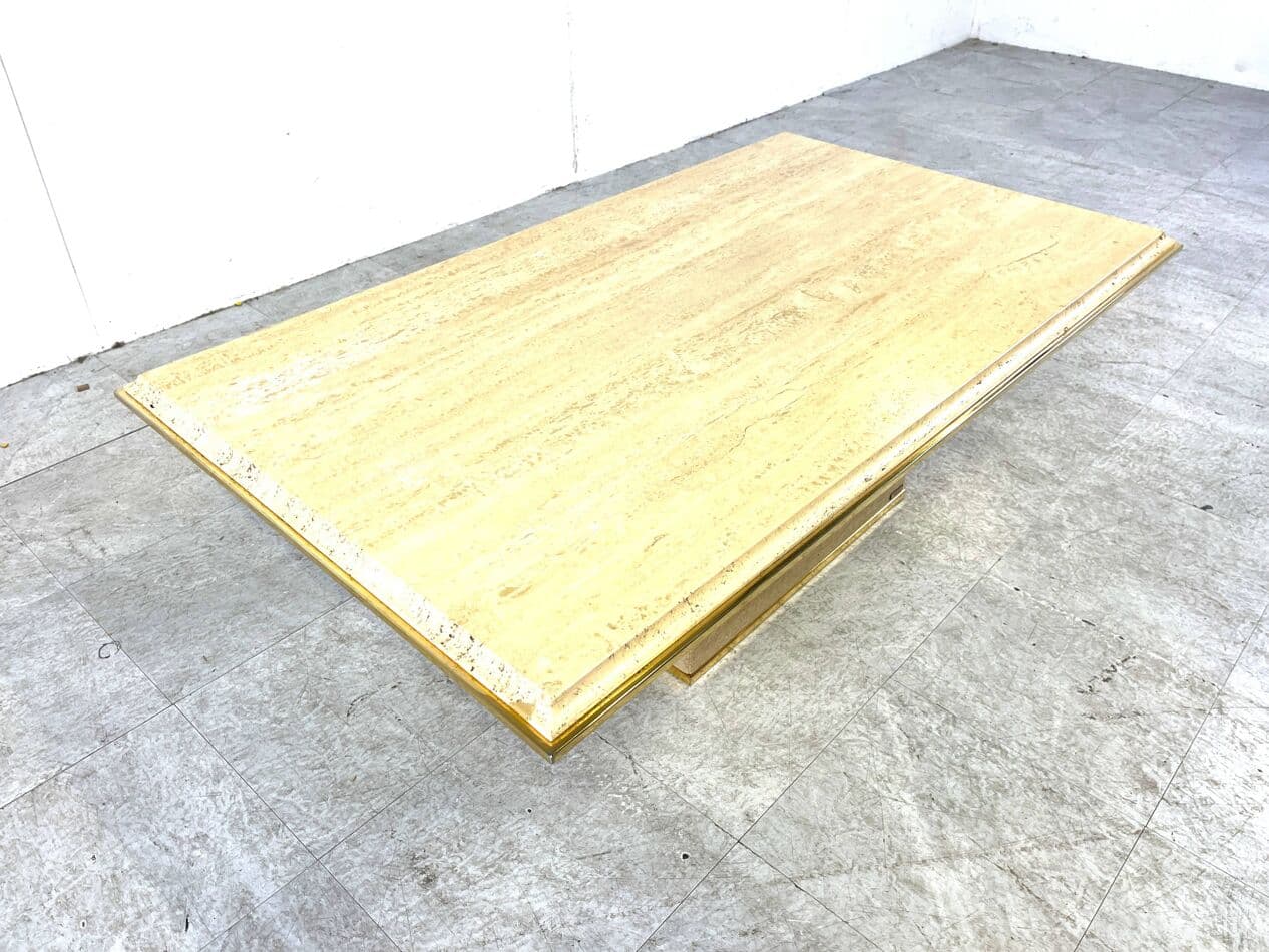 Coffee table, beige travertine, brass, Belgium, 1970s. - 263763