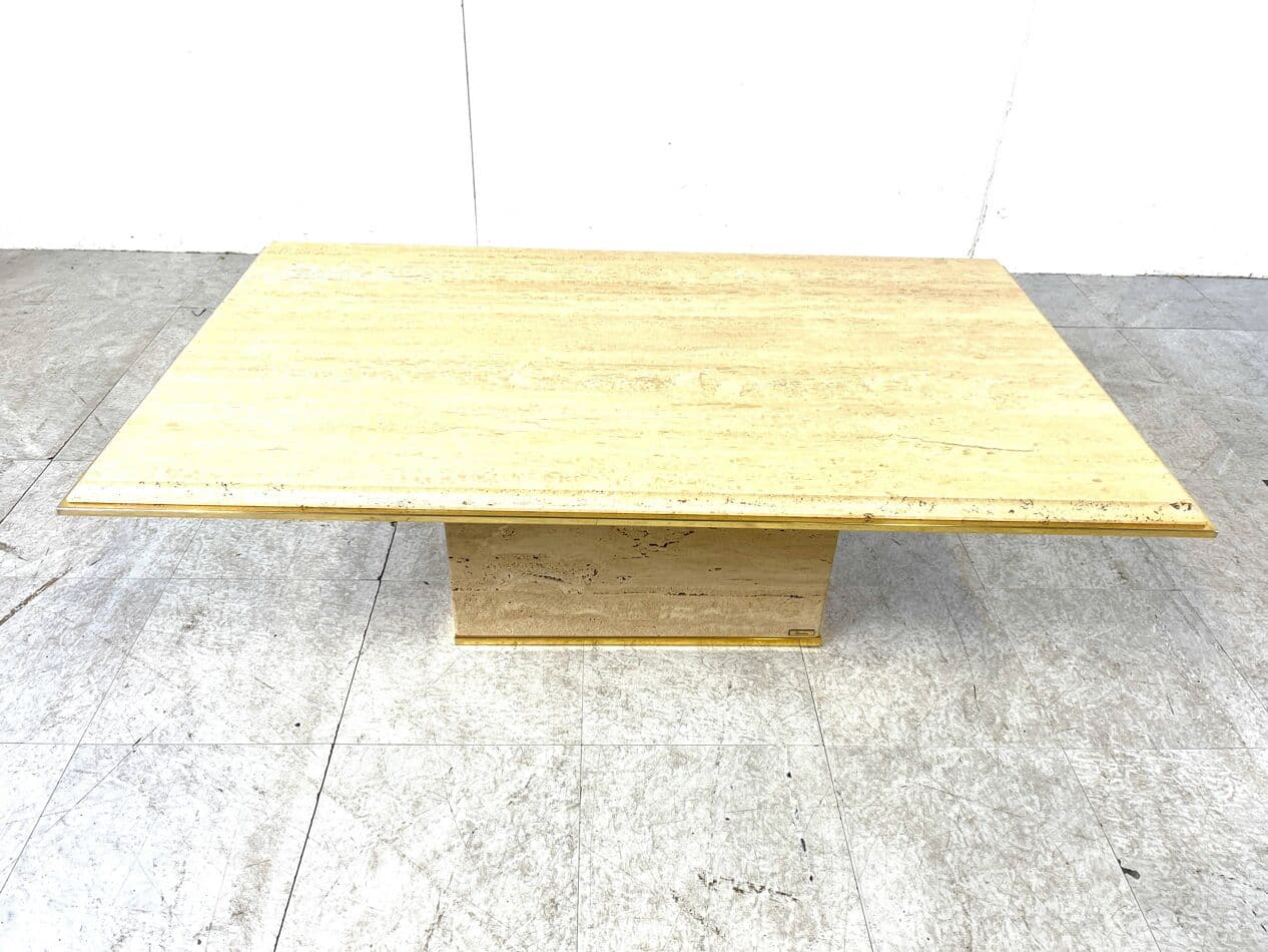 Coffee table, beige travertine, brass, Belgium, 1970s. - 263762