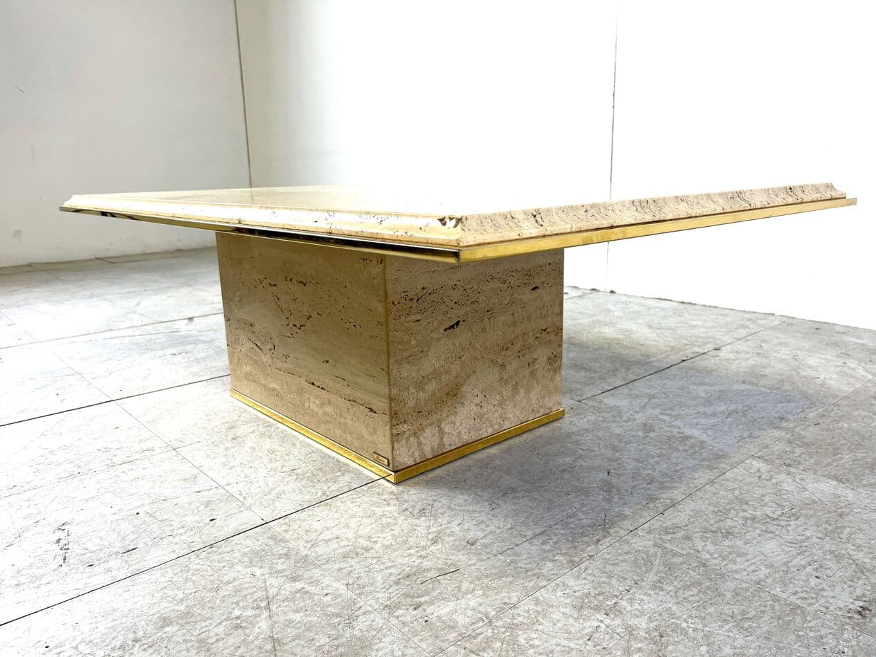 Coffee table, beige travertine, brass, Belgium, 1970s. - 263769