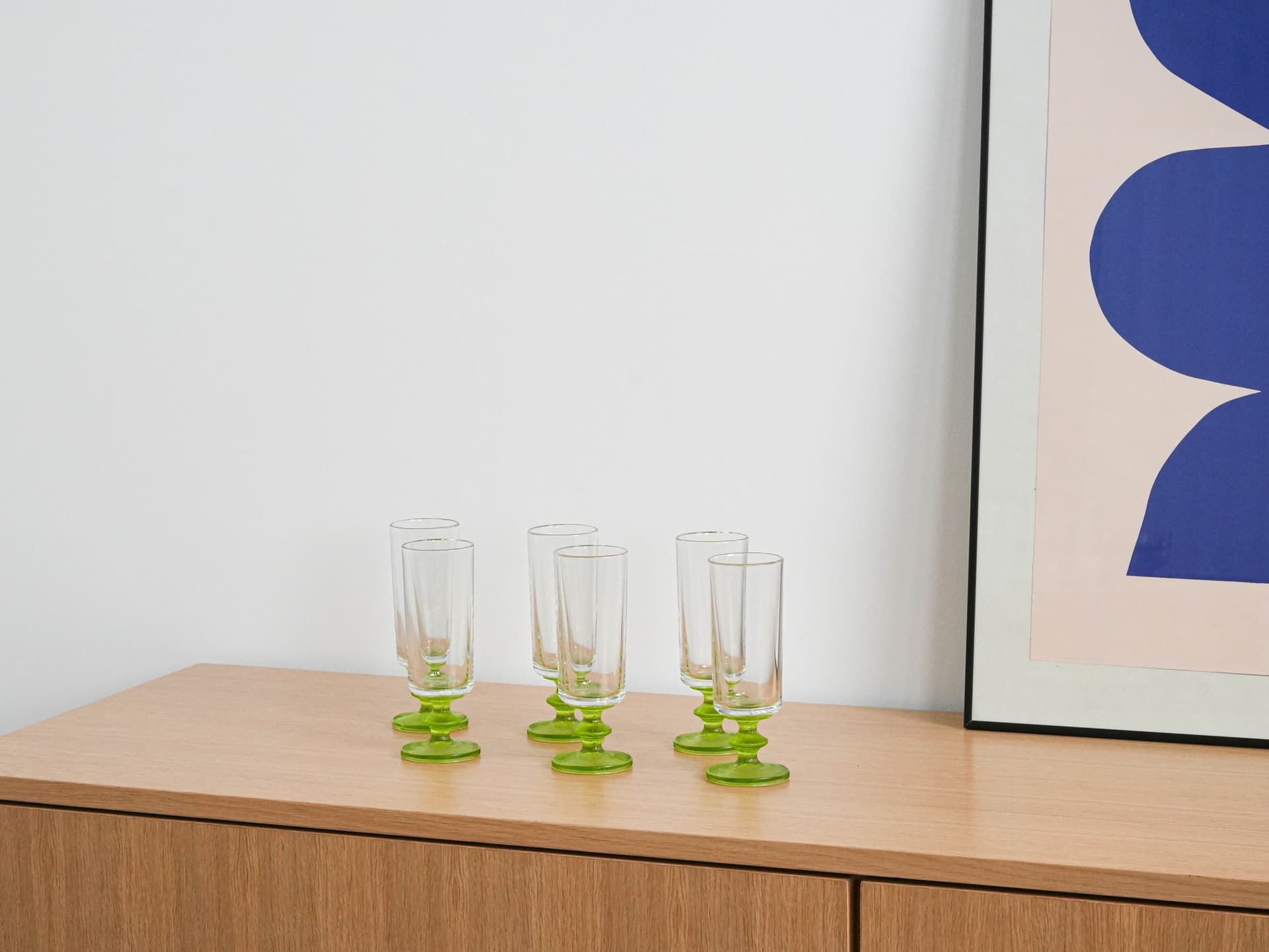 Zestaw sześciu kieliszków, szkło bezbarwne i zielone, Włochy, lata 70. - 262562