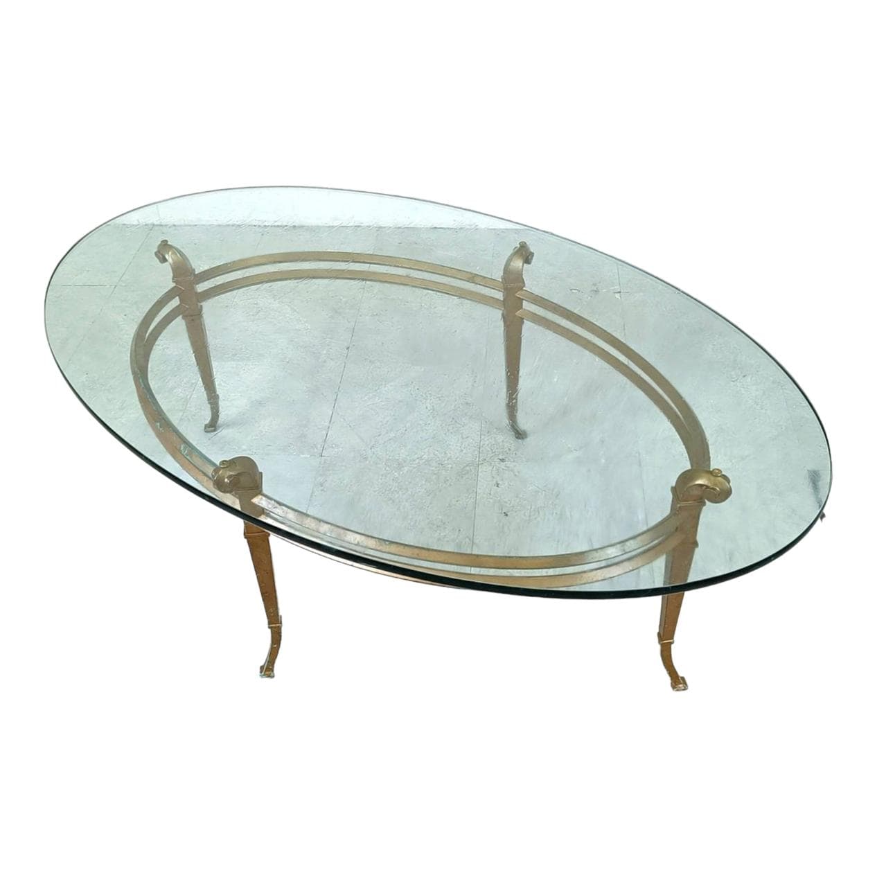 Coffee table oval, gold metal, glass, Spain, 1970s.