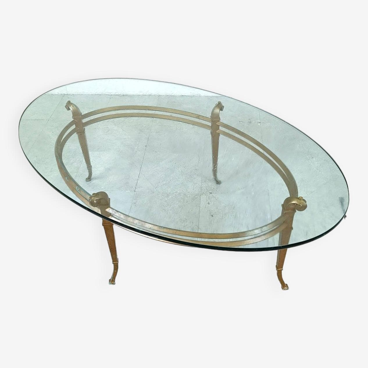 Coffee table oval, gold metal, glass, Spain, 1970s. - 263685
