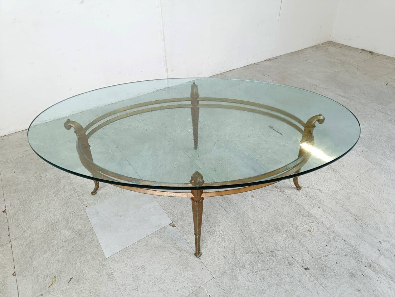 Coffee table oval, gold metal, glass, Spain, 1970s. - 263686