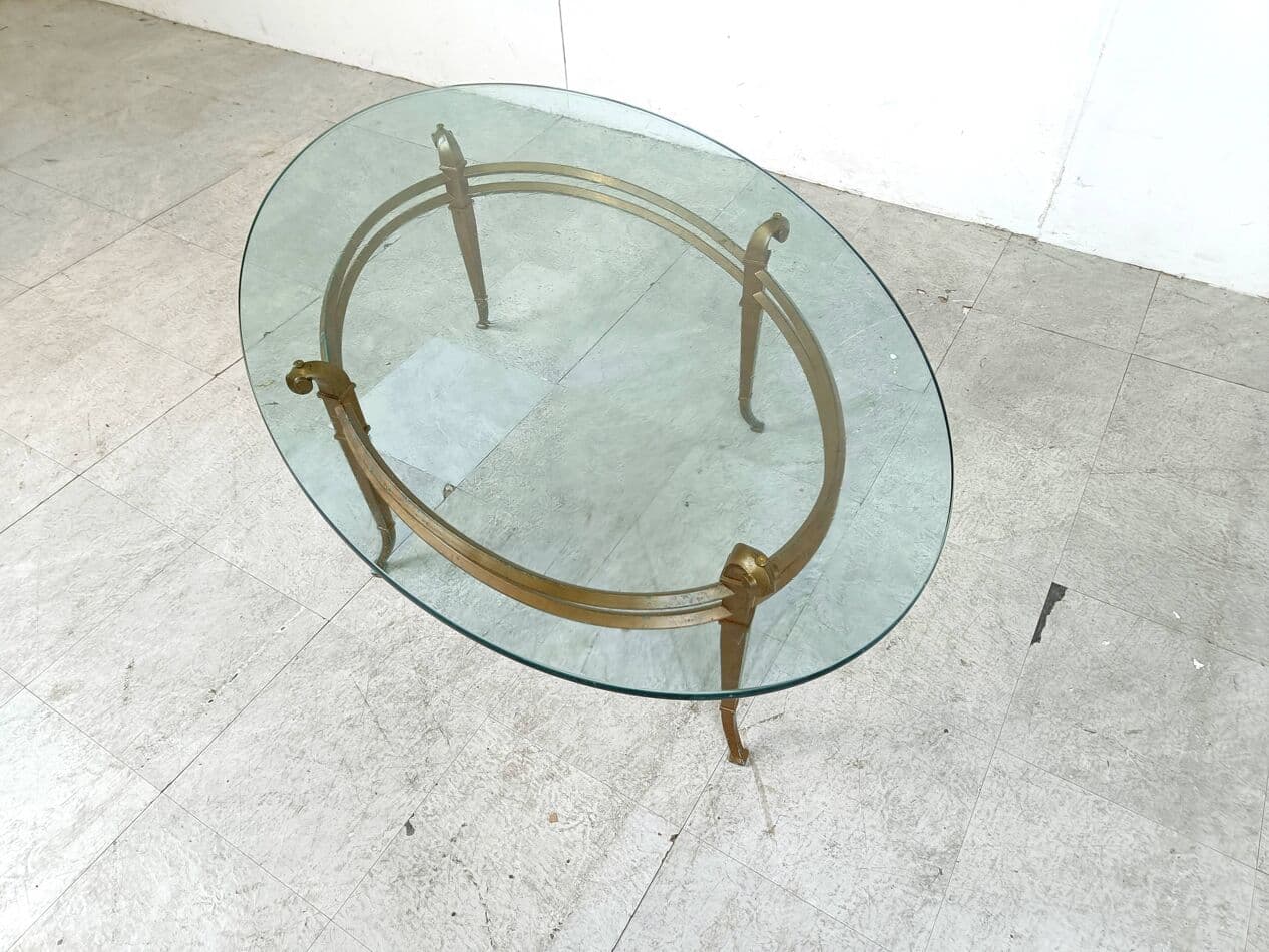 Coffee table oval, gold metal, glass, Spain, 1970s. - 263690