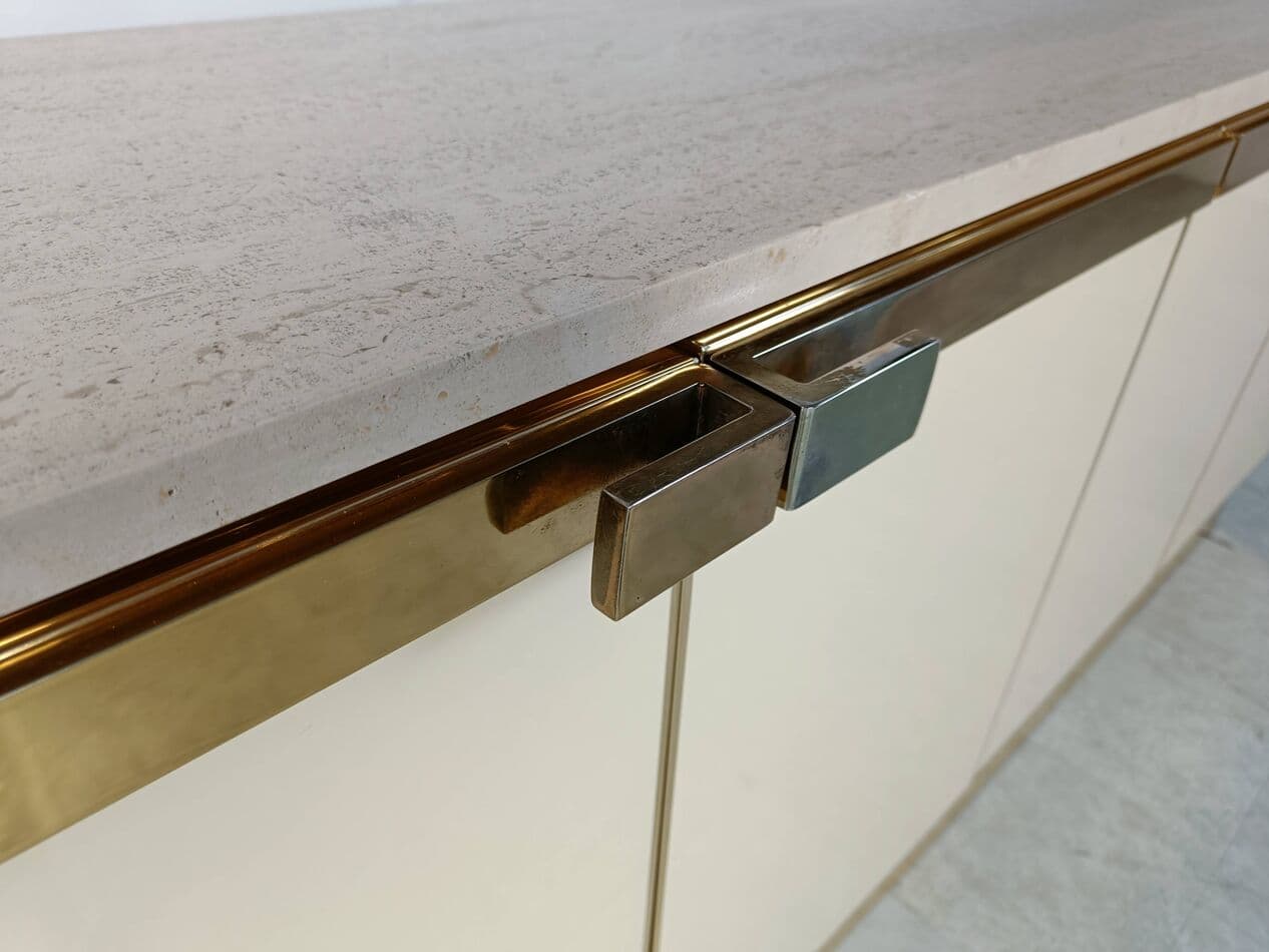 Komoda, beżowy, trawertyn, mosiądz, Francja, lata 80. - 263681