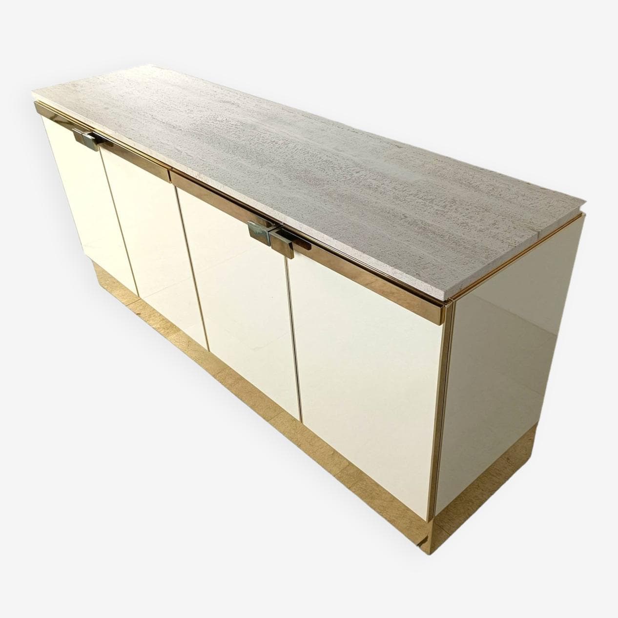 Komoda, beżowy, trawertyn, mosiądz, Francja, lata 80. - 263674