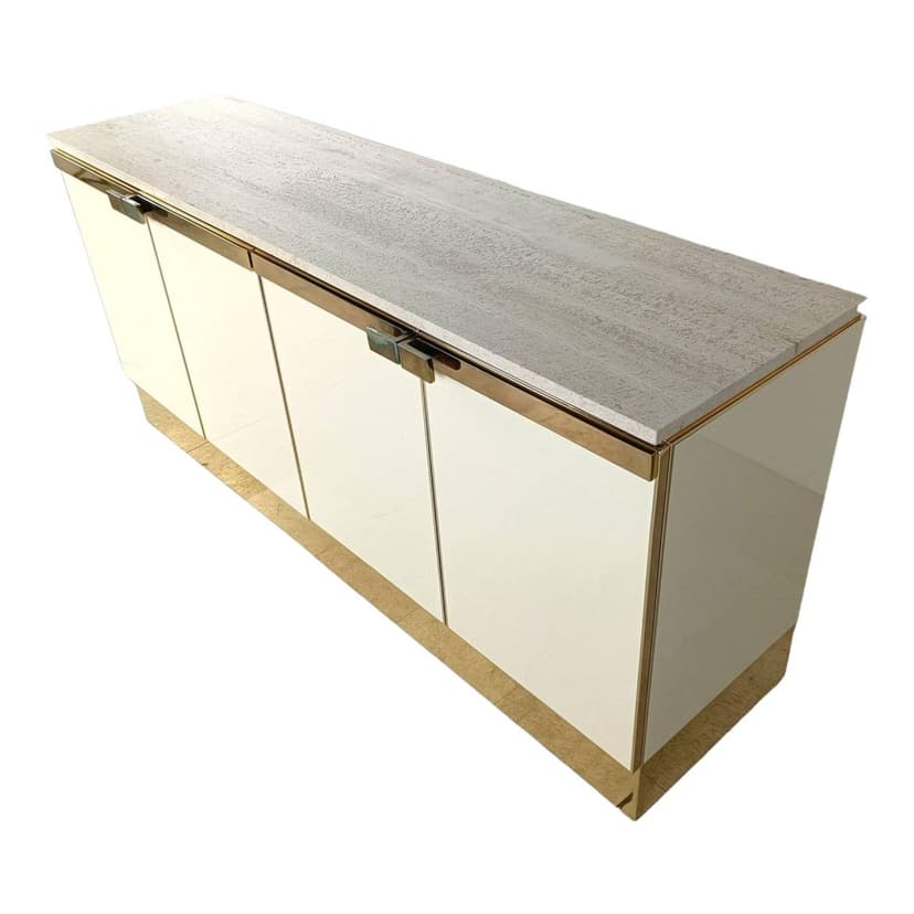 Komoda, beżowy, trawertyn, mosiądz, Francja, lata 80.