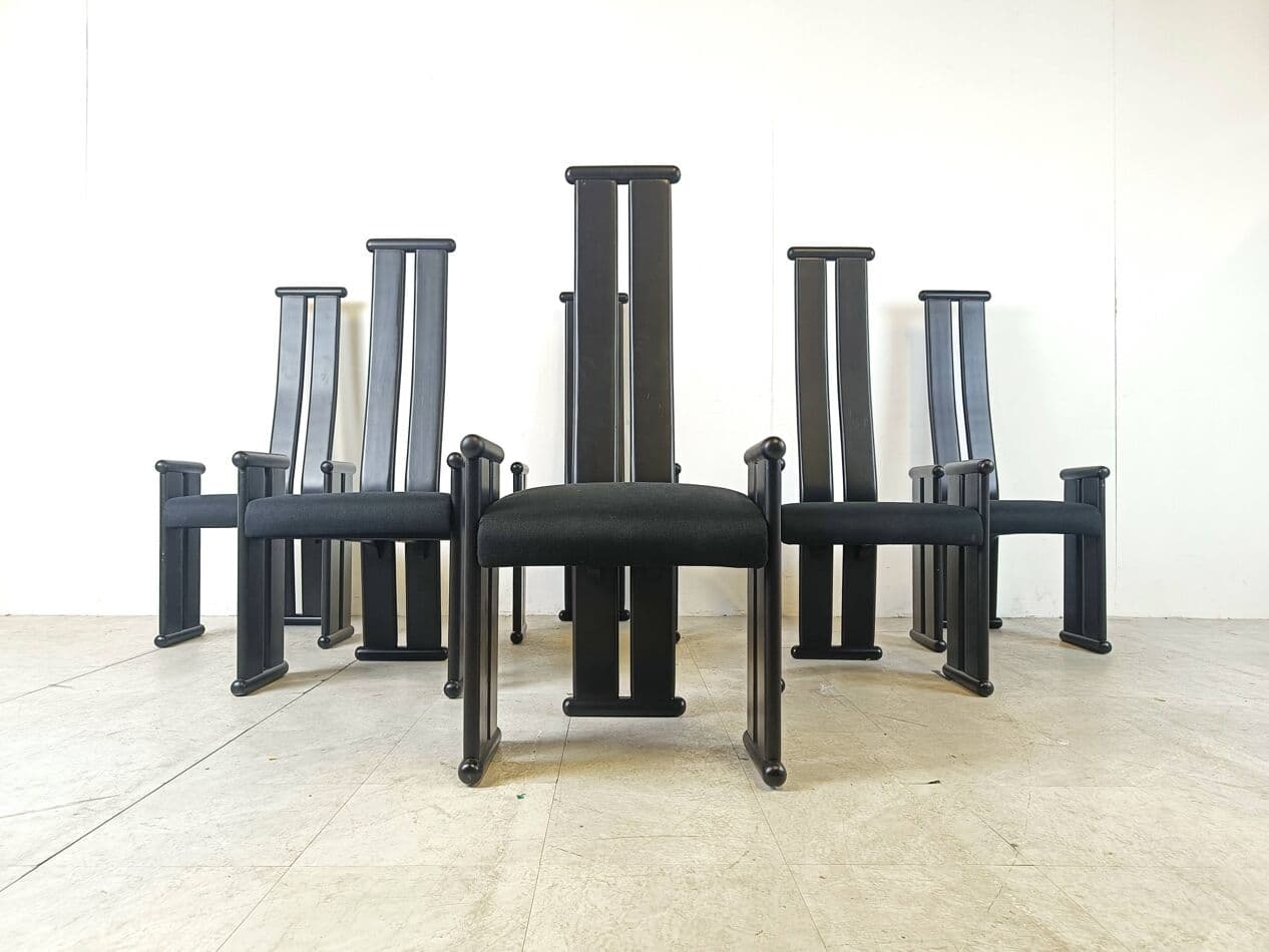 Set of Six Chairs Postmodernism, black wood, black fabric, Italy, 1970s. - 263608