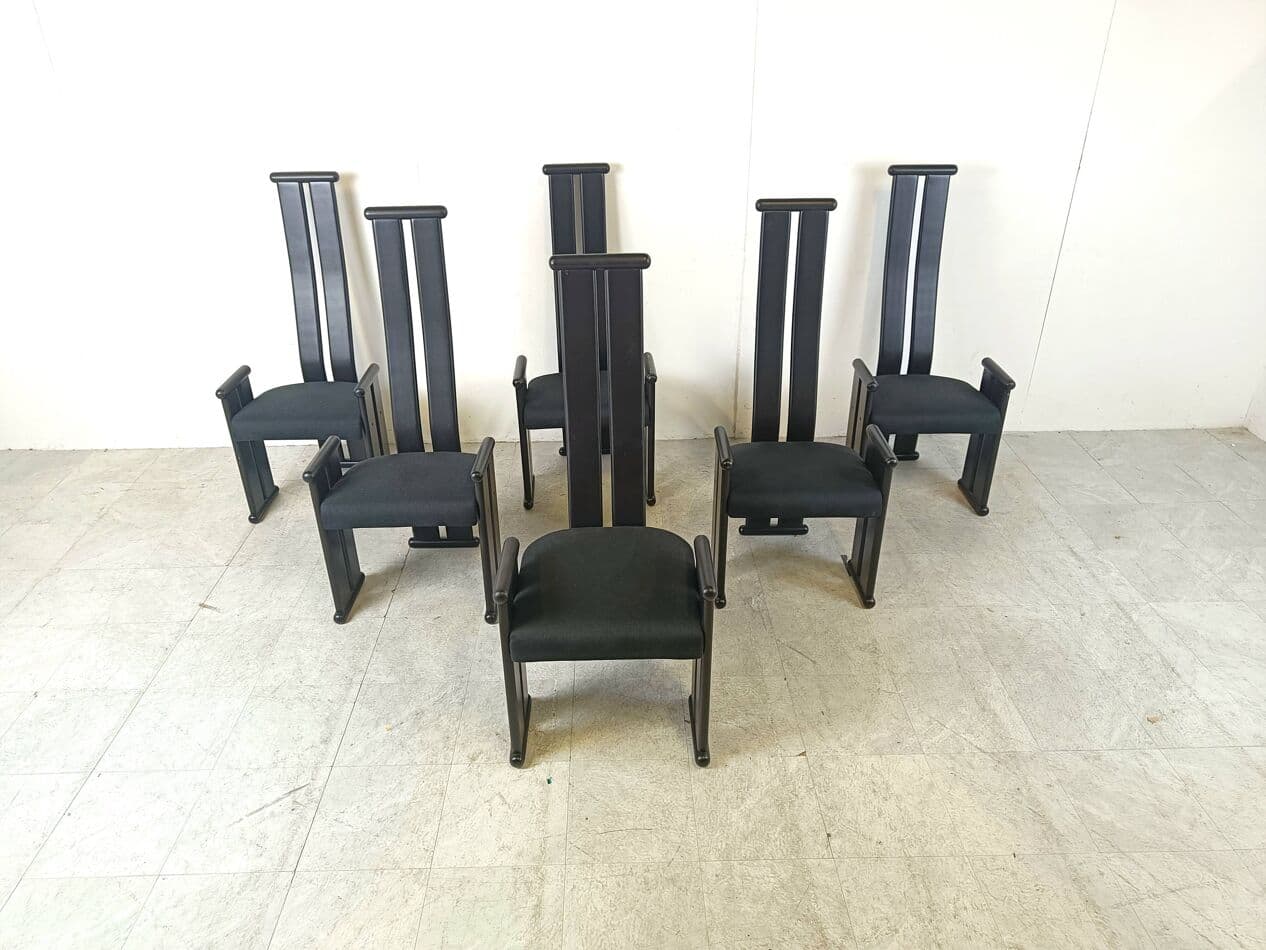 Set of Six Chairs Postmodernism, black wood, black fabric, Italy, 1970s. - 263613