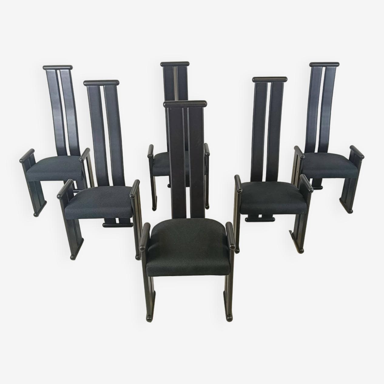 Set of Six Chairs Postmodernism, black wood, black fabric, Italy, 1970s. - 263614