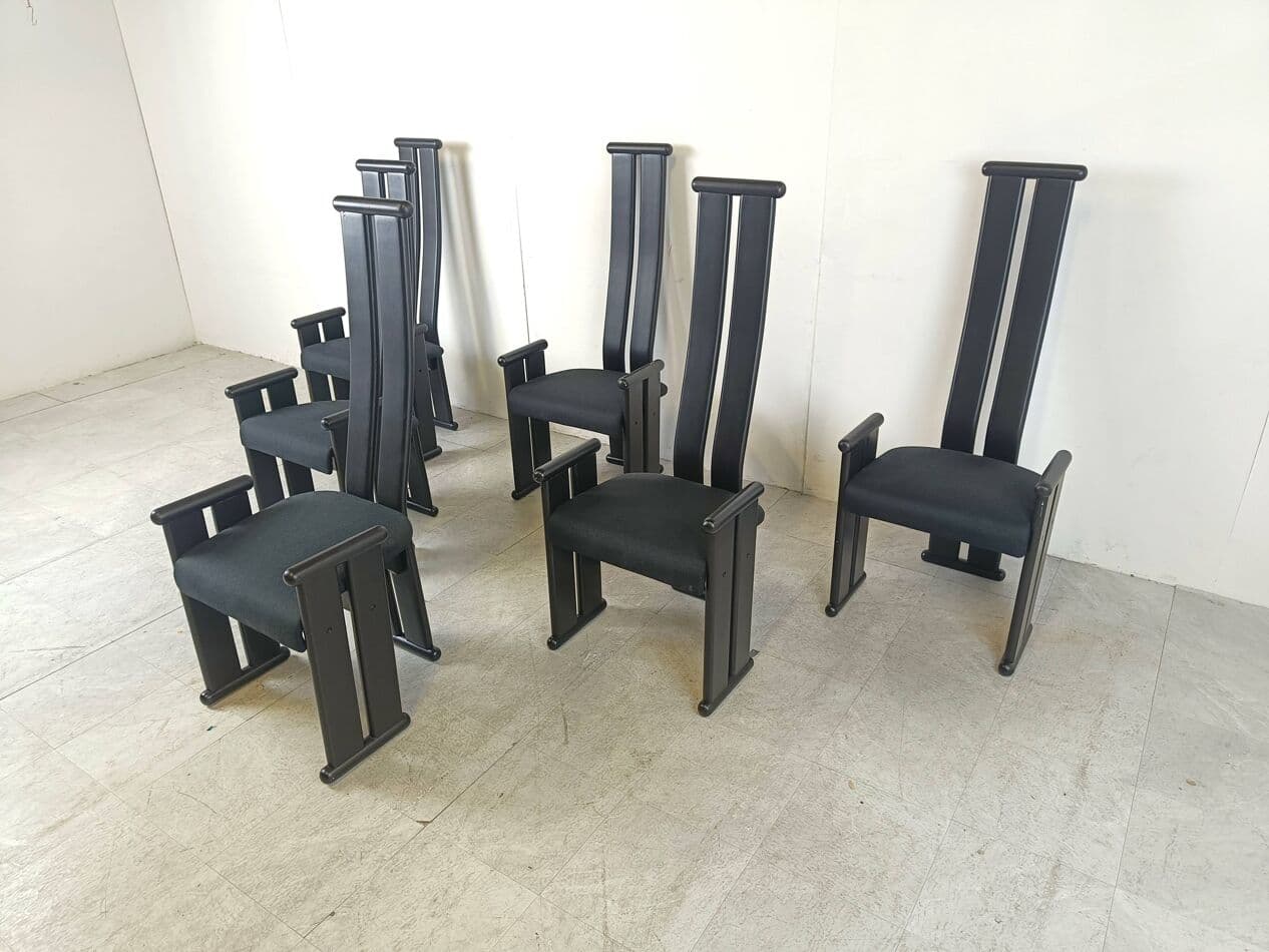 Set of Six Chairs Postmodernism, black wood, black fabric, Italy, 1970s. - 263609
