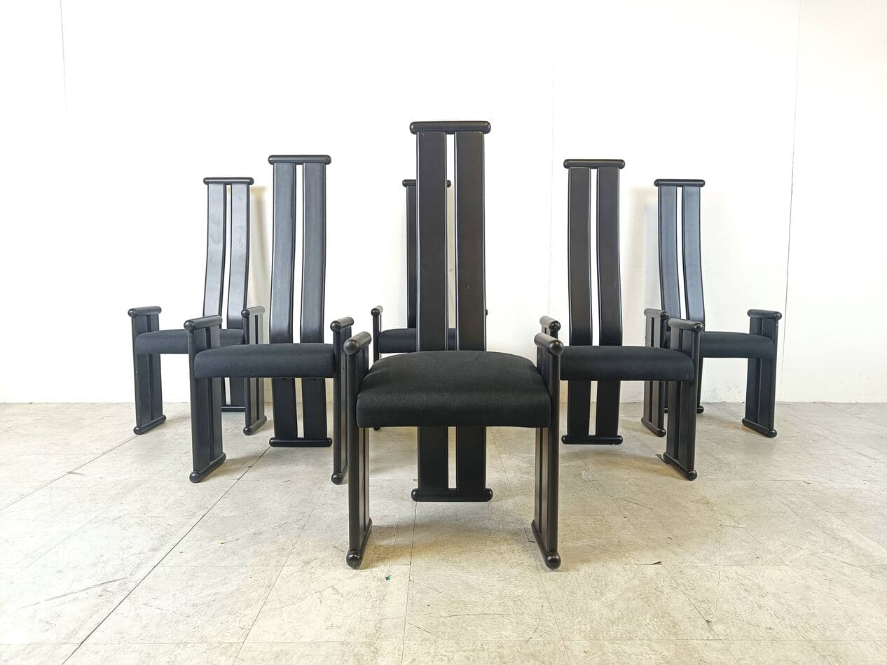 Set of Six Chairs Postmodernism, black wood, black fabric, Italy, 1970s. - 263607