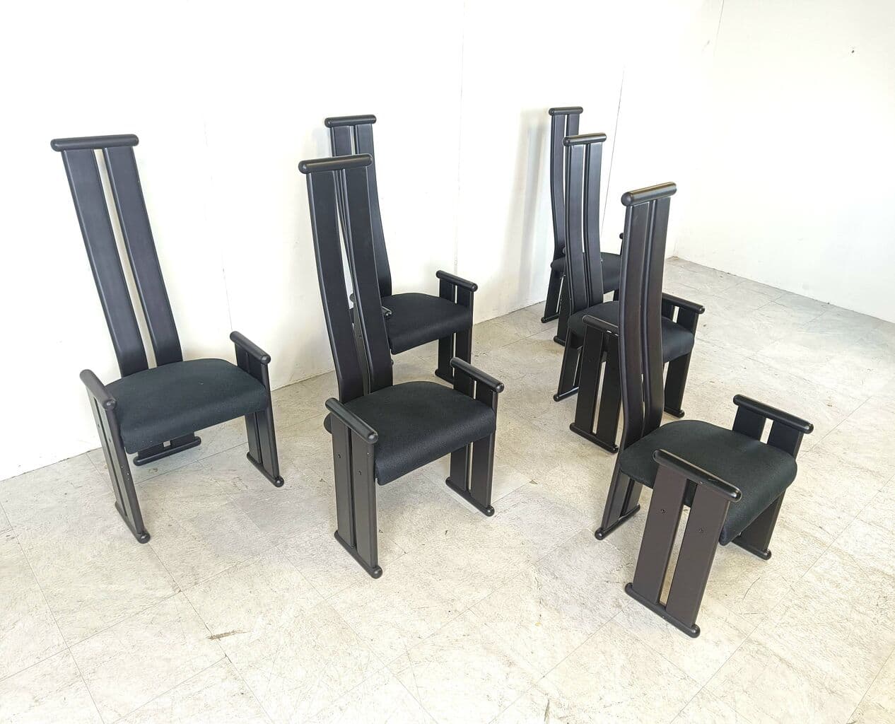 Set of Six Chairs Postmodernism, black wood, black fabric, Italy, 1970s. - 263610