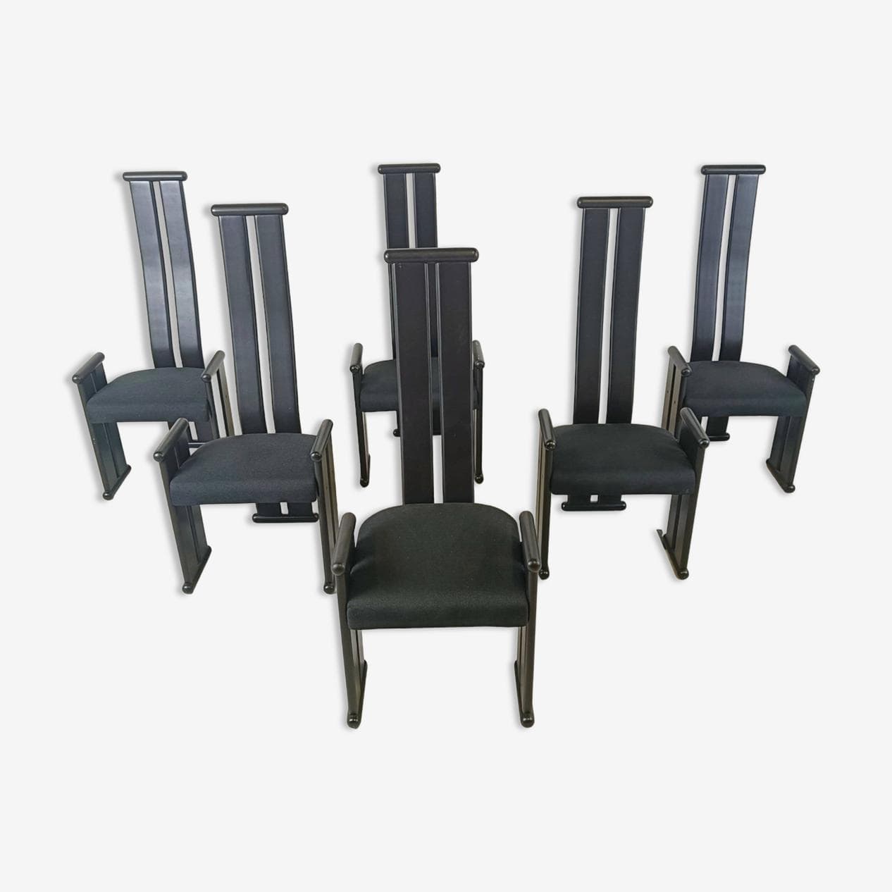 Set of Six Chairs Postmodernism, black wood, black fabric, Italy, 1970s. - 263606
