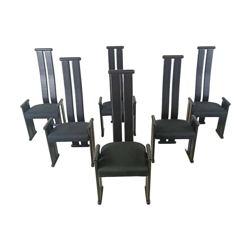 Set of Six Chairs Postmodernism, black wood, black fabric, Italy, 1970s.