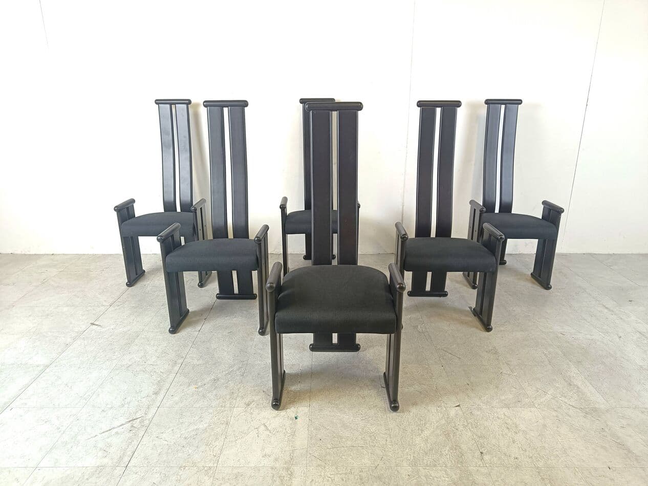 Set of Six Chairs Postmodernism, black wood, black fabric, Italy, 1970s. - 263605