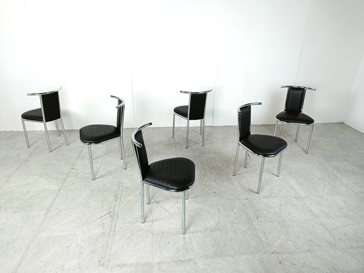 Set of Six Chairs Space Age, black faux leather, chrome, Belgium, 1980s. - 263577