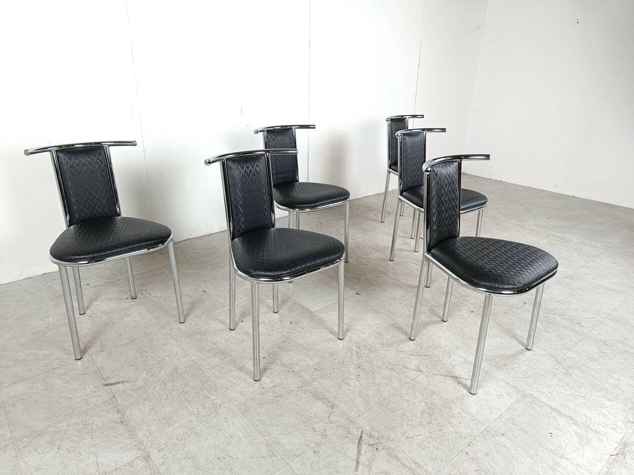 Set of Six Chairs Space Age, black faux leather, chrome, Belgium, 1980s. - 263576