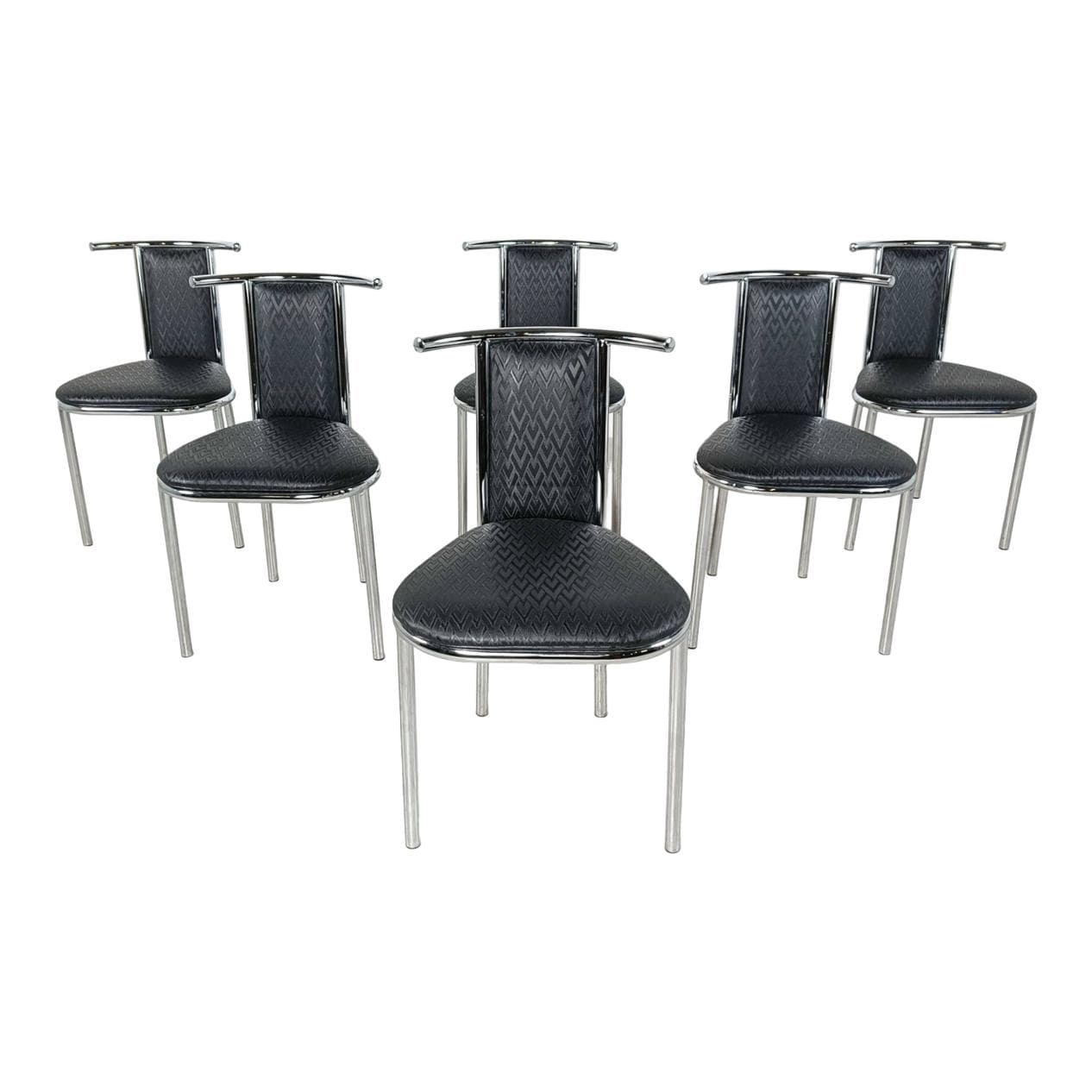 Set of Six Chairs Space Age, black faux leather, chrome, Belgium, 1980s.