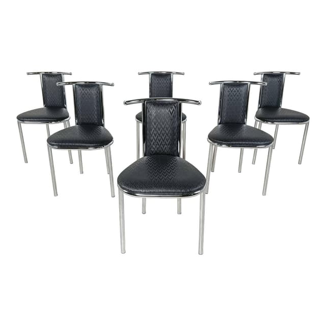 Set of Six Chairs Space Age, black faux leather, chrome, Belgium, 1980s. - DIMENSION