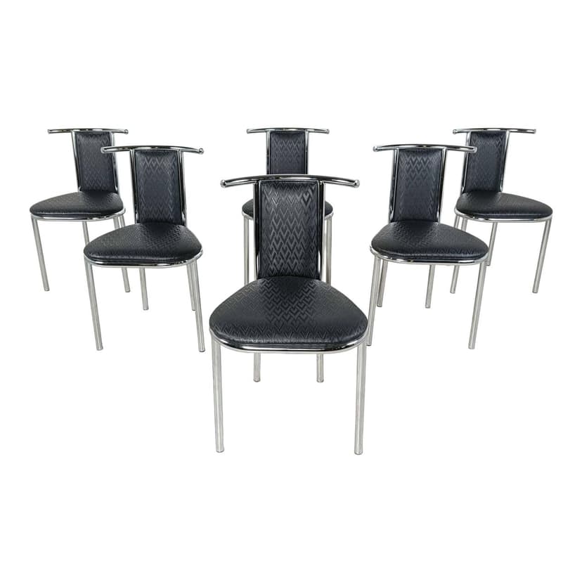 Set of Six Chairs Space Age, black faux leather, chrome, Belgium, 1980s.