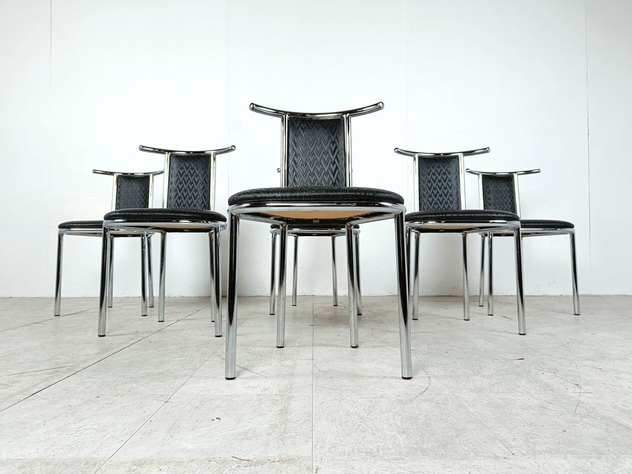 Set of Six Chairs Space Age, black faux leather, chrome, Belgium, 1980s. - 263574