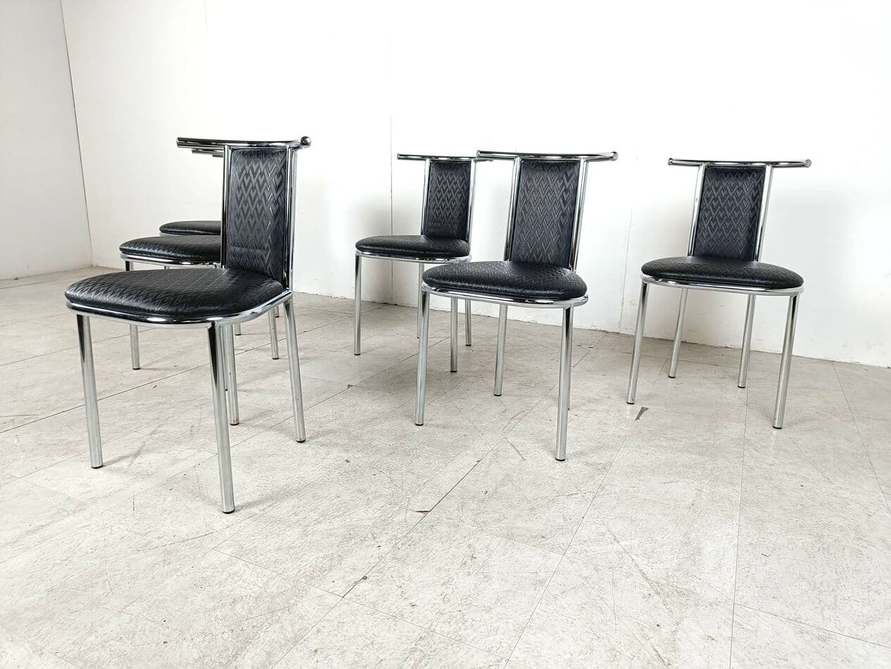 Set of Six Chairs Space Age, black faux leather, chrome, Belgium, 1980s. - 263575